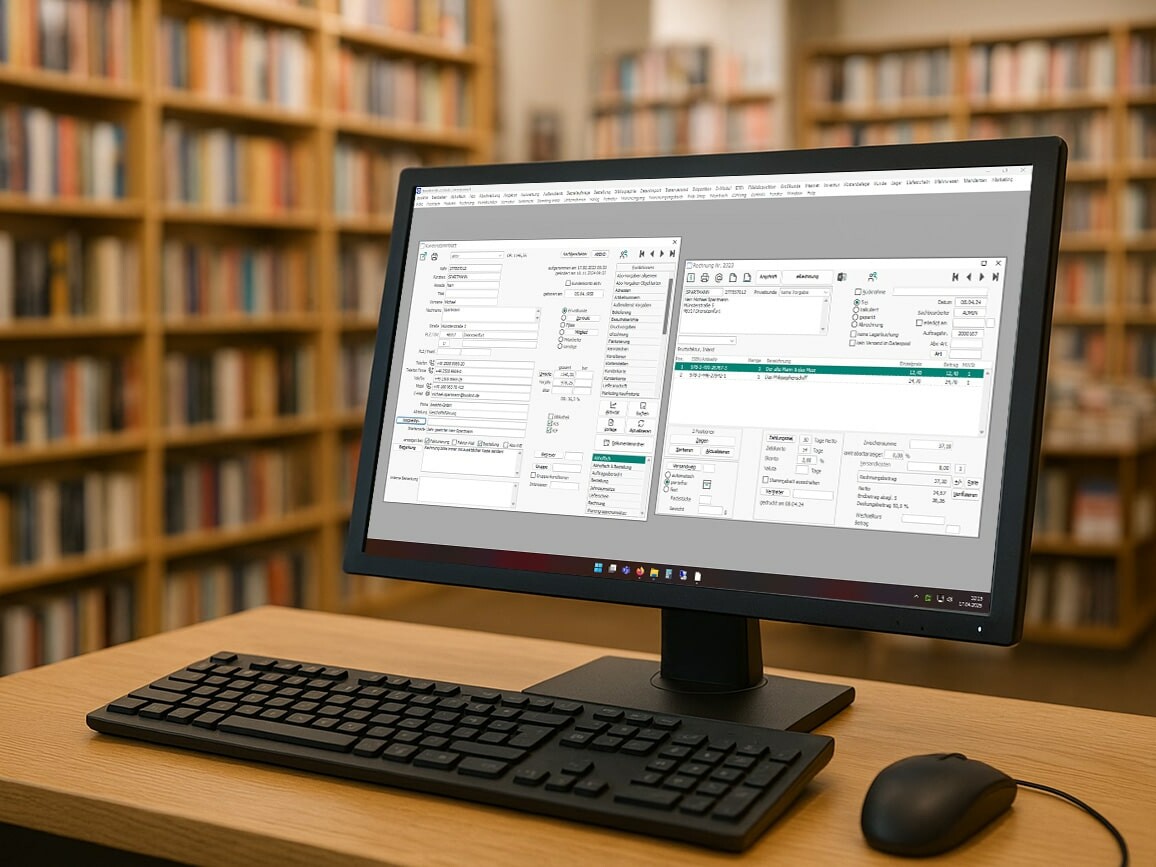 Monitor mit GRÜN bookhit Software in einer Buchhandlung, seitlicher Blickwinkel, mit Tastatur und Maus.